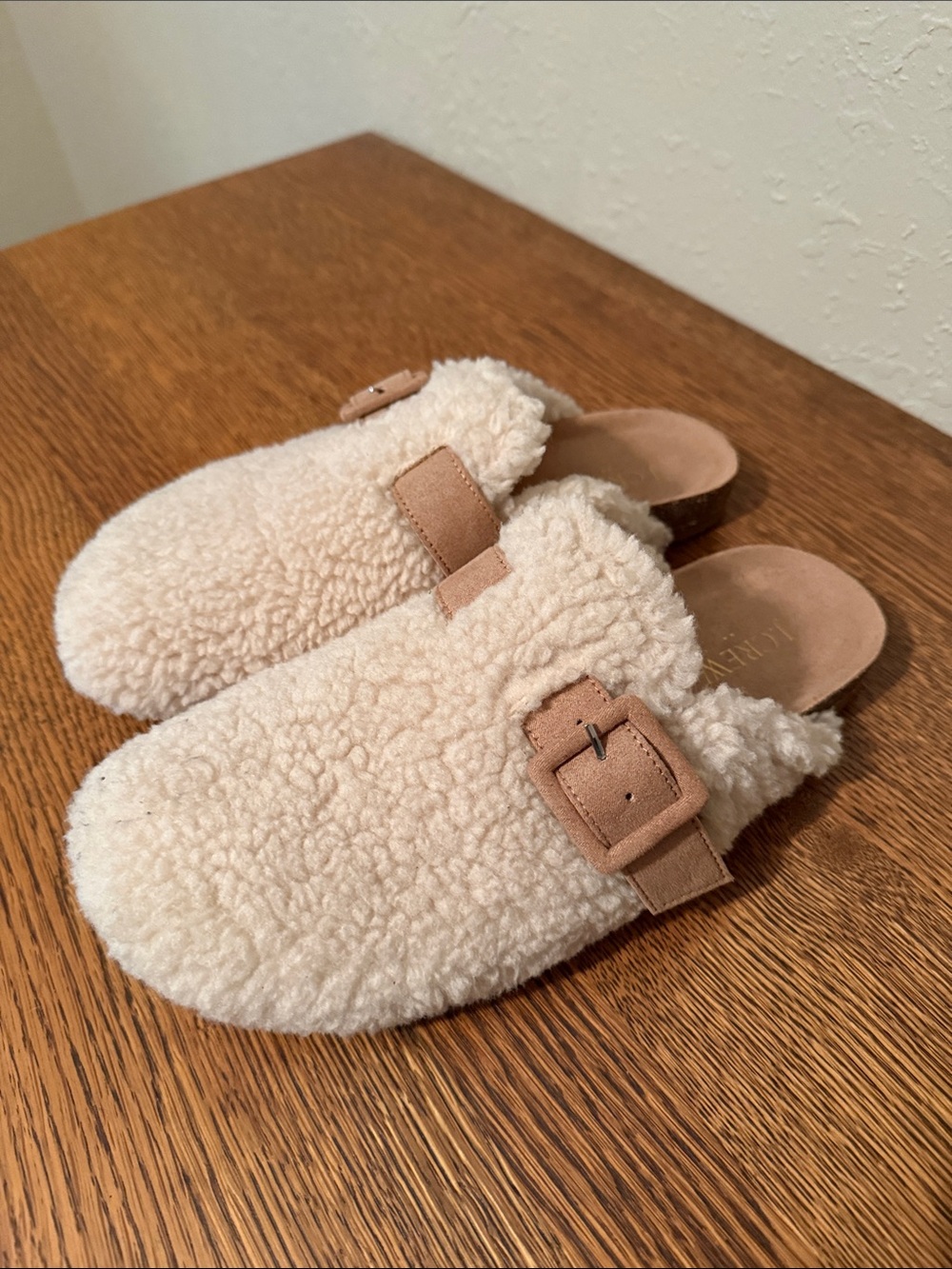 J. Crew Cream Shearling Slip-On Clogs with Tan Buckle